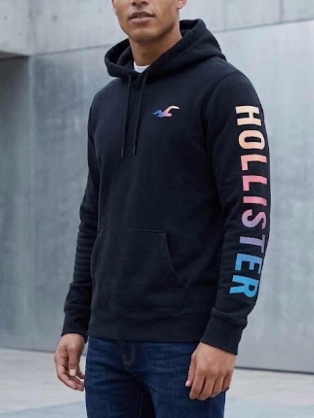 Hollister Black Hoodie with Multicolor Logo Men’s Small